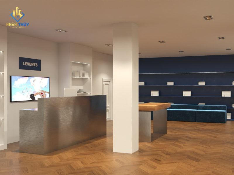 Phối cảnh quầy tính tiền và hệ kệ màu xanh showroom LEVENTS